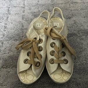 Fly London Womens YLVA cream Wedge‎ Peep Toe Sandals Shoes Size 38 US 8